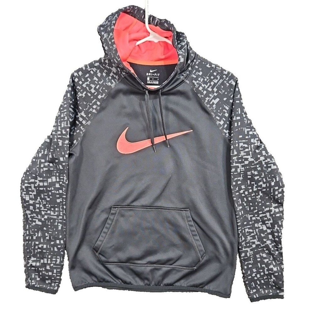 NIKE Women's Dri-Fit Hoodie Black, Gray Pattern Sleeves Medium M Front Pocket